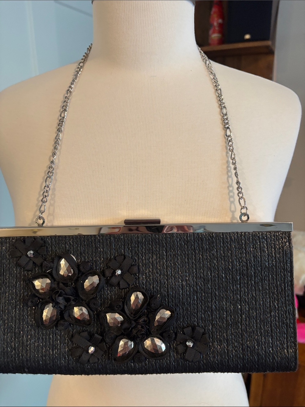 White House Black Market Black Embellished Evening Clutch with Silver Chain